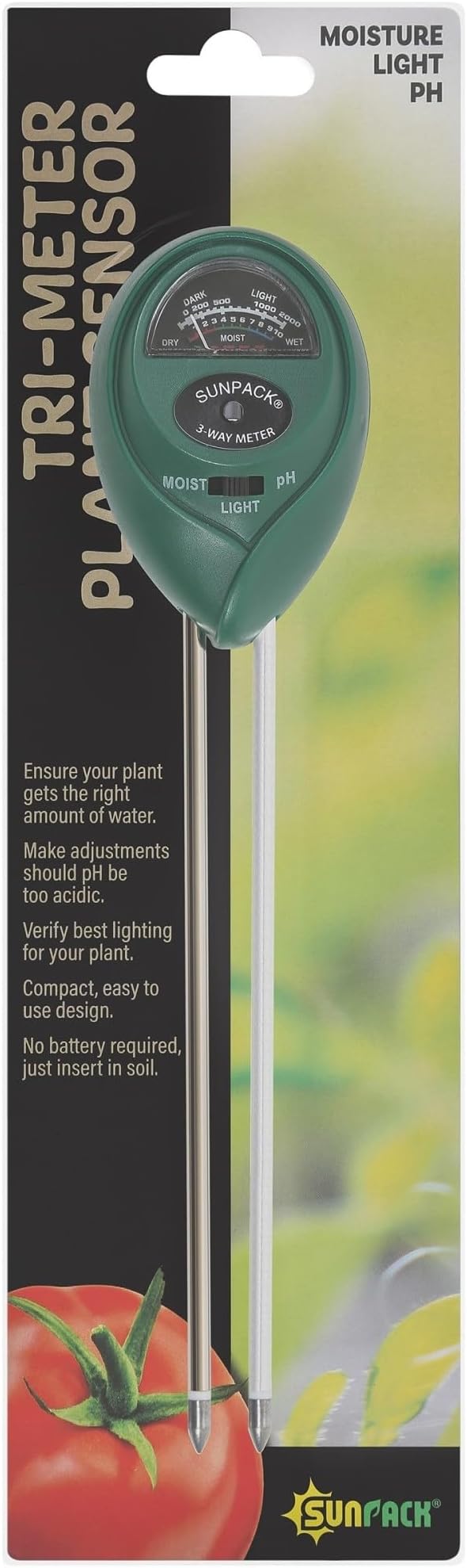 SUNPACK Tri-Meter Plant Sensor for Measuring Moisture, Light & pH - Monitors Soil Conditions to Create Healthy Plant Environments - Portable, No Batteries Needed
