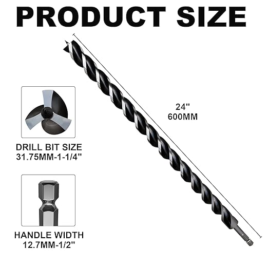 1-1/4"×24" Professional Auger Drill Bit for Wood with Quick Change 1/2" Hex Shank- 3-Cutter Design with Dual-Flute for Fast Chip Removal, Fits Hardwood, Softwood, PVC, Drywall & Tree Stumps