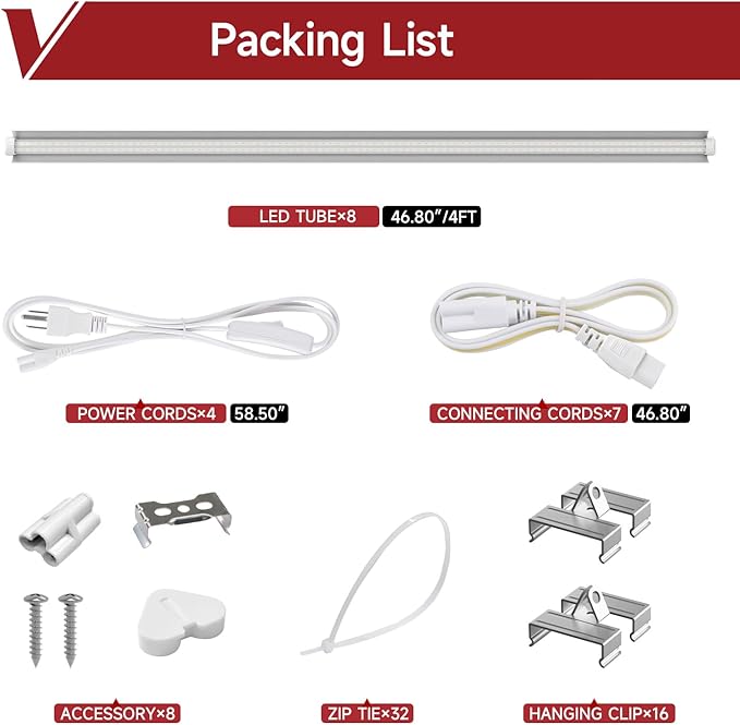 8 Pack LED Grow Light 4FT, 5000K Full Spectrum, 336W(8 x 42W), Linkable Growing Lamp Fixture, T8 Grow Lights for Indoor Plants, Seed Starting, Vegetables