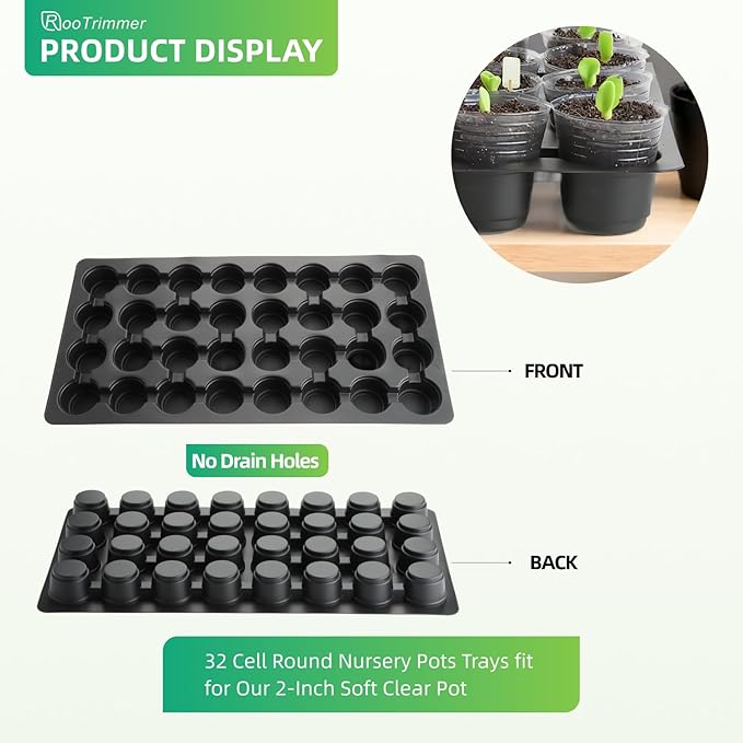 RooTrimmer 5-Pack 32 Cell Seedling Trays & 160 Pack 2" Soft Clear Nursery Pots -Thickened Durable Plant Starter Kit for Seed Germination (5 Sets)