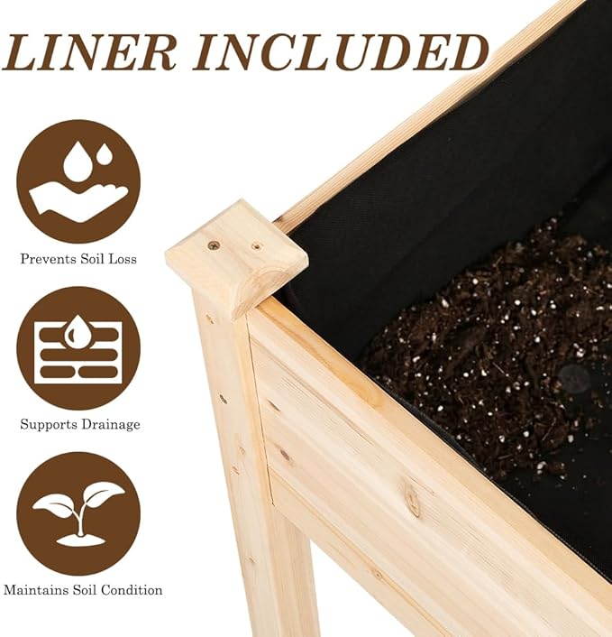 Raised Garden Bed with Legs, 40x24x30 inch Wood Elevated Planter with Protective Liner for Vegetable Flower Herb, Outdoor Planter Box Kit for Balcony Patio Backyard, Natural