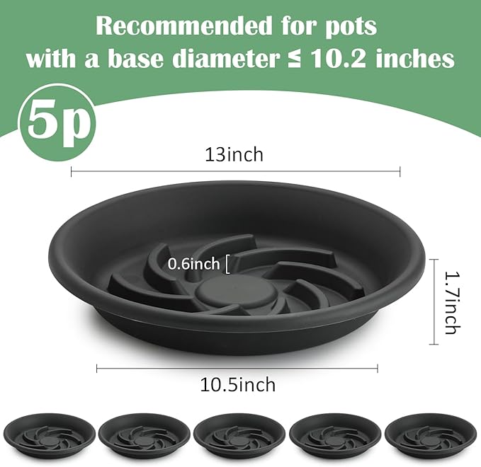BTPLASTIK Plant Saucer 13 inch 5 Pack, Plant Elevators for Inside Pots, Heavy Duty Flower Planter Drip Trays for Pots, Pot Saucers for Plants, Grow Bags Saucers Gray
