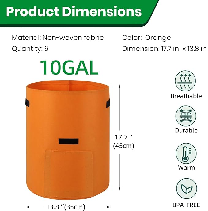 6 Pack Potato Grow Bags, 10 Gallon Planting Bags Large Fabric Pots with Flap Window Vegetable Planter Garden Pot Tall Potato Growing Containers with Handles for Vegetables, Fruits and More, Orange