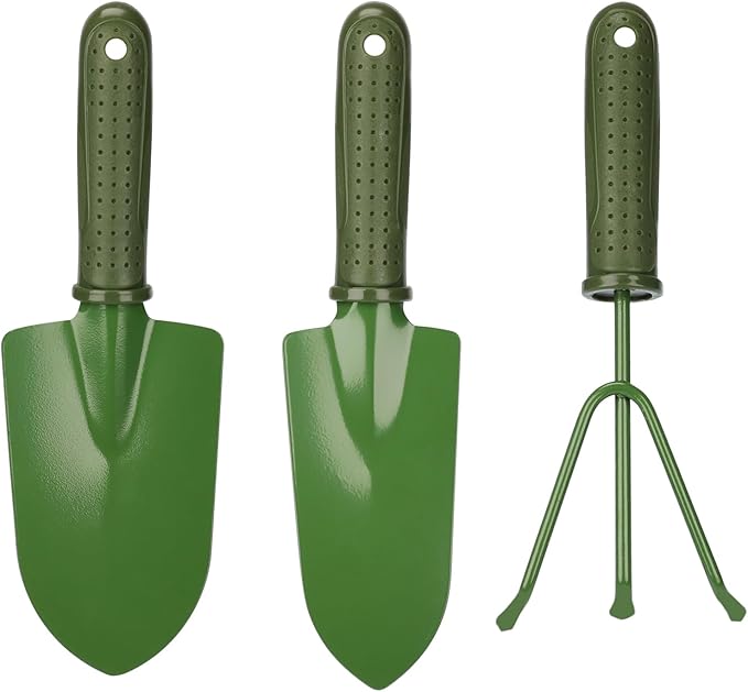 Garden Tool Set 3-Piece – Carbon Steel Trowel, Transplanter & Rake with Non-Slip PP Handle, Rust-Resistant Coating – Ideal for Digging, Weeding, Planting