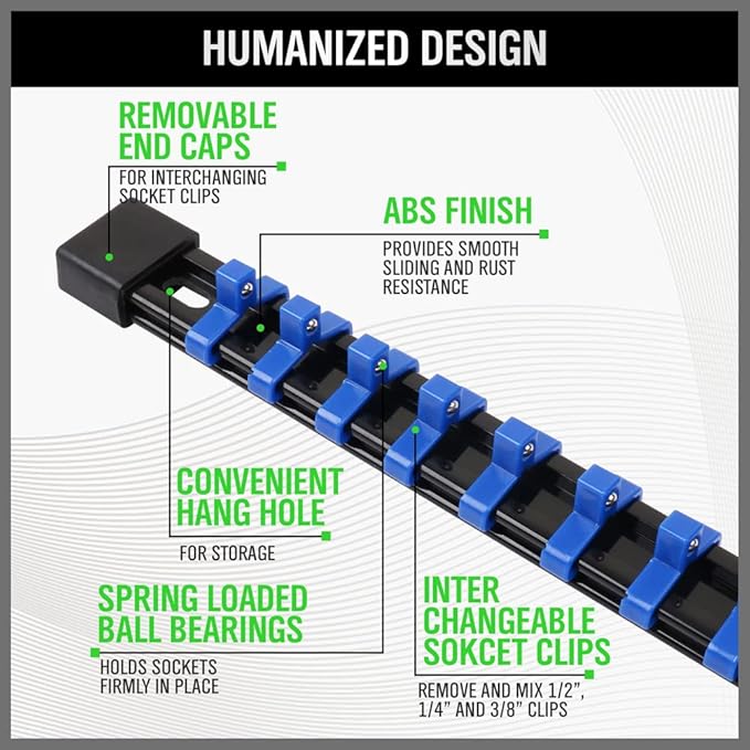 SWANLAKE 9-Piece Premium Socket Holder Organizer Set, 1/4-Inch x 48 Clips, 3/8-Inch x 45 Clips, 1/2-Inch x 36 Clips, Premium Quality Socket Clip Rail Holder