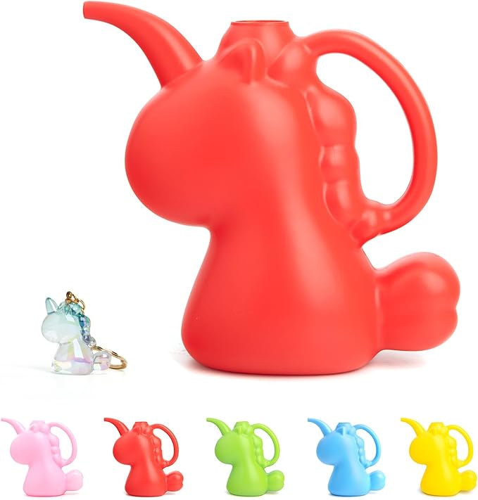 XXXFLOWER Unicorns Indoor Watering Can, 1 L Cute Animal Water Cans, Novelty Unicorns Shape Watering Pot for Office House Indoor Garden（Red）