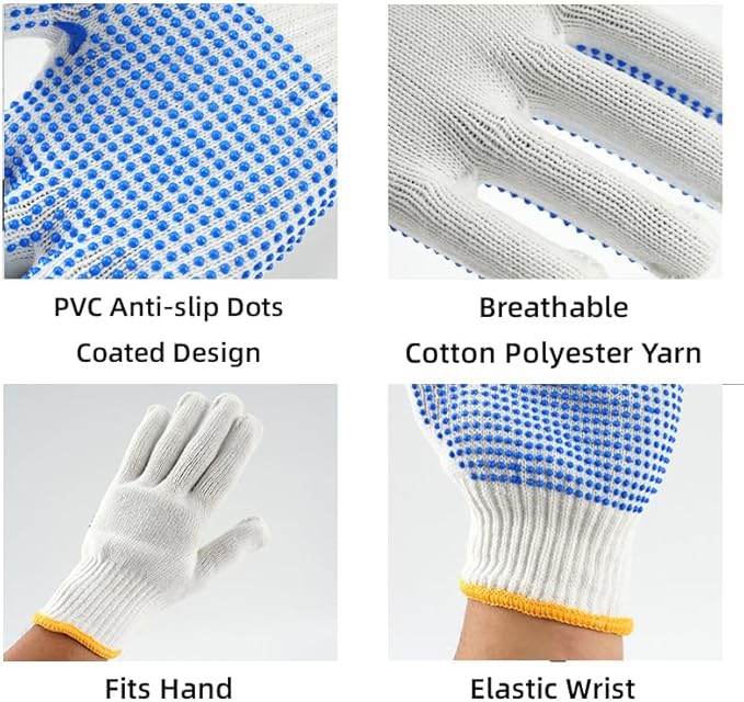 240 Pairs Cotton Work Gloves with Anti-slip Dots for Men Women, Breathable Cotton Knit Grip Gloves for Gardening Warehouse Construction Mechanic Industrial, One Size Bulk