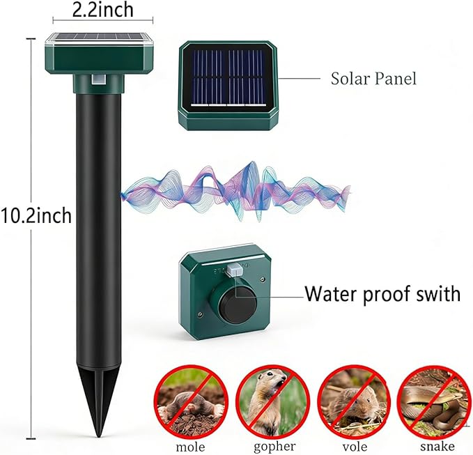 Mole Repellent for Lawns 10 Pack, Solar Powered Mole Repeller Ultrasonic Gopher Deterrent, Outdoor Waterproof Vole Vibration Stakes,Sonic Spike for Rodent Groundhog Snake Chipmunk