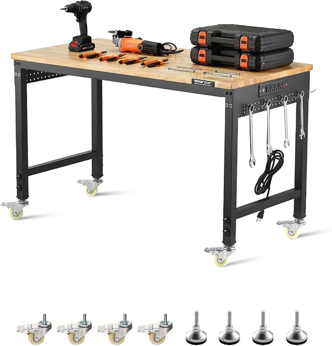 VEVOR Adjustable Workbench, 48-Inch Work Bench with Power Outlet, Wheels, and Pegboard, 2000 lbs Load Heavy Duty Oak Wood Top Work Table for Garage, Workshop, Office, and Home