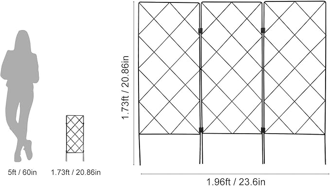 DOITOOL Metal Garden Trellis for Climbing Plants Outdoor, 3 Panel Black Wrought Iron Lattice Folding Trellis, Freestanding Plant Support for Vines Rose Clematis Vegetables, 23.6 X 20.8 Inch