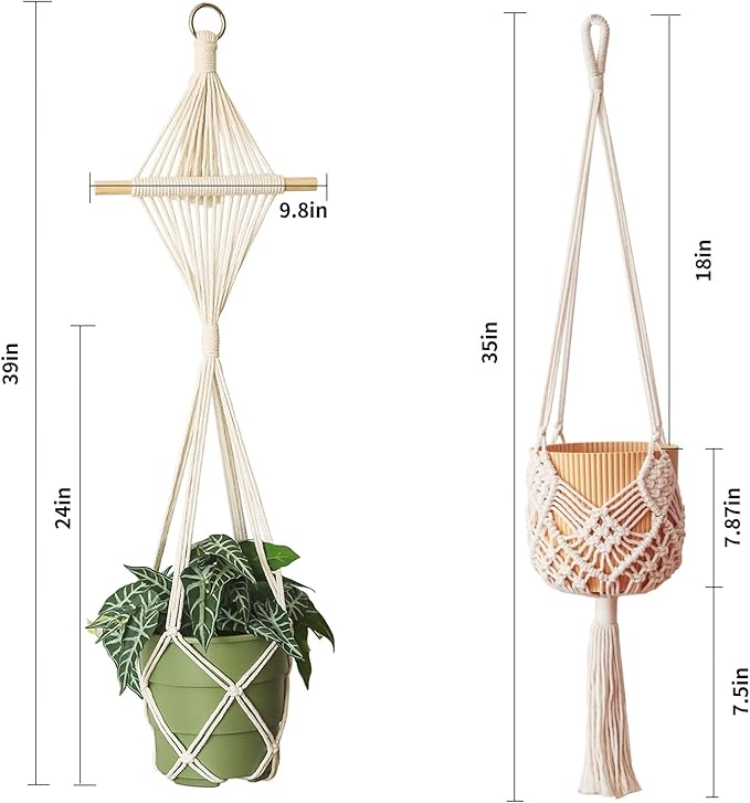4 Pack Macrame Plant Hangers Indoor Up to 10 inch Pot, Boho Hanging Planters, Plant Holder with 8Pcs Stainless Steel Hooks (4Pcs Gray Hanger)