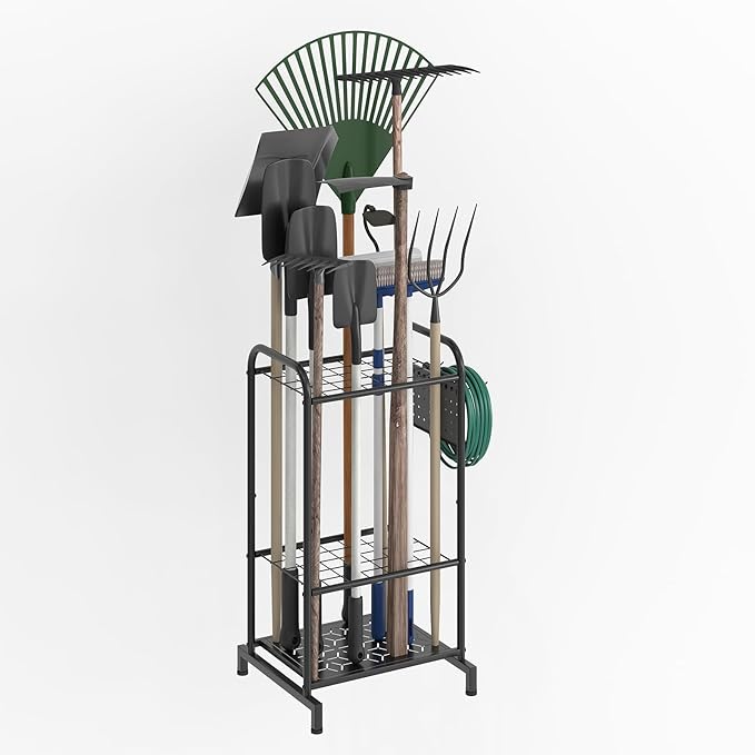 Garden Tool Organizer, Garage Tool Storage Rack, Heavy Duty Metal with Side Pegboard & Adjustable Hooks, Utility Racks for Shed, Patio & Outdoor Use