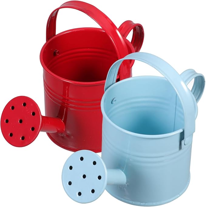 SEWACC 2pcs Kids Metal Watering Can for Indoor Plants, Durable Iron Sprinkling Kettle, Portable Small Water Can for Garden Home Plants, Red and Light Blue, 6.69 x 2.75 x 2.75 Inch