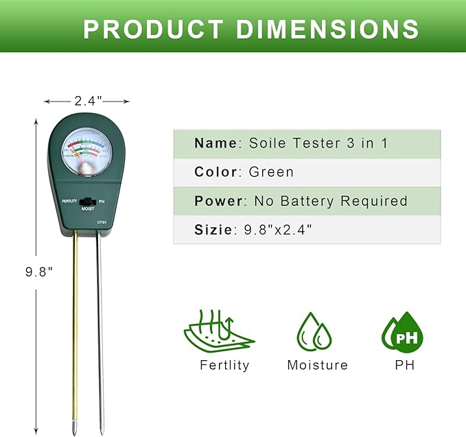 Powboro 3-in-1 Soil Tester Kit – Moisture/pH/Fertility Meter for Garden, Lawn, Potted Plants No Battery Needed Indoor/Outdoor Soil Test Kit