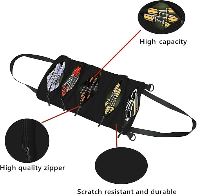 Roll-Up Tool Storage Bag, Nylon Gardening Organizer with 5 Pockets, 11x18 Inch, Portable Hanging Design for Outdoor Maintenance, School, Work (54hei)