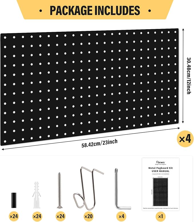 DEWEL Peg Board, 23" x 12" Metal Pegboard Wall Organizer Kit, 4 Pack Pegboard Panels with 20 Hooks,Black Pegboard Tool Wall Organizer System for Garage and Garden(4pcs black