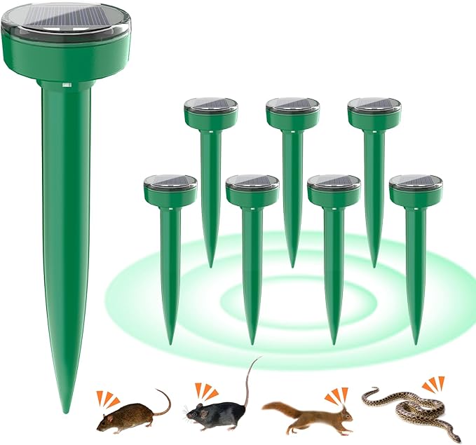 8 Pack Mole Repellent Ultrasonic Solar Powered Waterproof Outdoor Vole Chipmunk Gopher Groundhog Repeller Snake Rodent Sonic Spikes Deterrent Outdoor Mole Deterrent for Yard