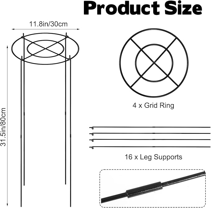 11.8" Dx31.5 H Peony Cages and Supports, 4 Pack Plant Supports for Outdoor Plants Grow Through Hoops Grids Heavy Duty Metal Peony Support Cage Flower Support Rings for Rose Tomato Hydrangea etc