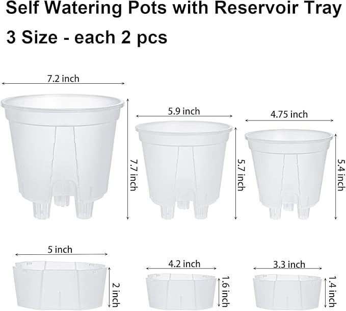 yarlung 6 Pack Self Watering Pots for Indoor Plants with Reservoir Tray and Holes, Clear Plastic Self Watering Planters for Outdoor Plants Flowers, Round 4.75" 6" 7"