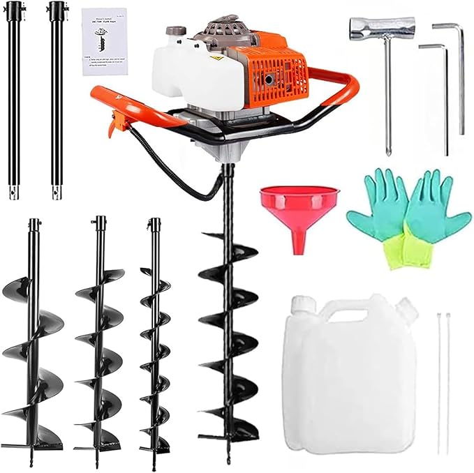 72cc 2200W Post Hole Digger Gas Powered Earth Auger Digger with 3 Drill Bit 4" & 8" & 12" and 2 Extension Rods 24" 24" for Fence Farmland Garden Plant
