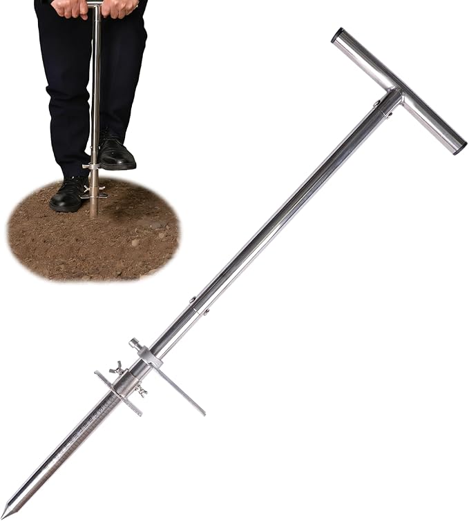 Dibble Bar Planting Tool with Foot Pedal, T-Handle Stainless Steel Bulb Planter Tool, Long Dibbler Gardening Tool Digging Bar Point