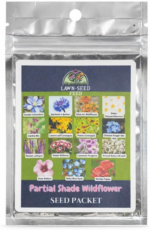 Partial Shade Wildflower Mix - (Seed Packet) - Bring Color to Low-Light Areas That Thrive with Dappled Sun, producing Vibrant Blooms in Yards, Garden beds, Fence Lines, and Woodland Edges.