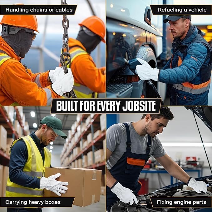 12 Pairs Heavy Duty Durable Leather Work Gloves for Truck Driving, Warehouse, Gardening, Construction, Hand Protection