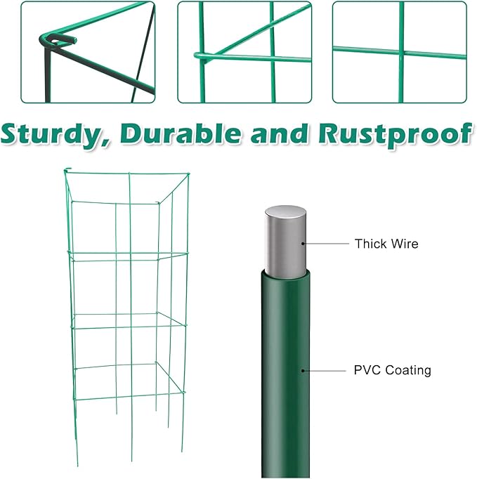 DoCred 4 Pack Tomato Cage, Folding Tomato Cage Heavy Duty Metal Square Tomato Cages Coated Steel Garden Plant Support Stake Tower for Climbing Vegetables, Plants, Flowers, Steel Green