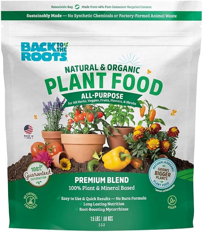 Back to The Roots All-Purpose Plant Food - Organic, Sustainably-Made for Indoor Plants with Kelp and Alfalfa Meal, Mycorrhizae, and Rock Phosphate Minerals - 1.5 lb Premium Blend