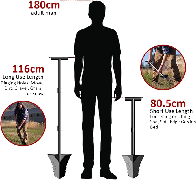 DR.ÖTEK Spade Shovel, Heavy Duty Digging Tool T Handle, Serrated Blade, Root Cutter with Long Short Handle, Garden Spade for Metal Detecting, Transplanting, Trenching, 31 & 45 Inches, 4.5 Pounds