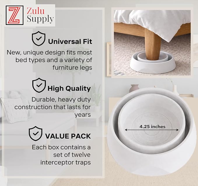 Bed Bug Interceptor Traps – White 12-Pack Passive Monitor & Detection Trap – Universal Fit for Bed & Furniture Legs – Reusable Non-Climbable Wall Pest Control Protection (White 12-Pack)