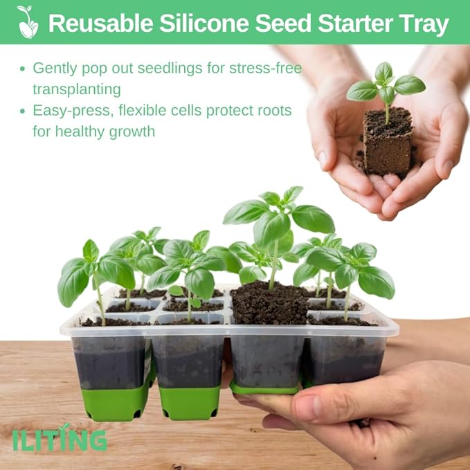 Seed Starter Kit 6 Pack, Reusable Silicone Seedling Starter Trays 72 Cells Seed Starter Tray, with Humidity Dome, Foldable Design for Easy Transplanting