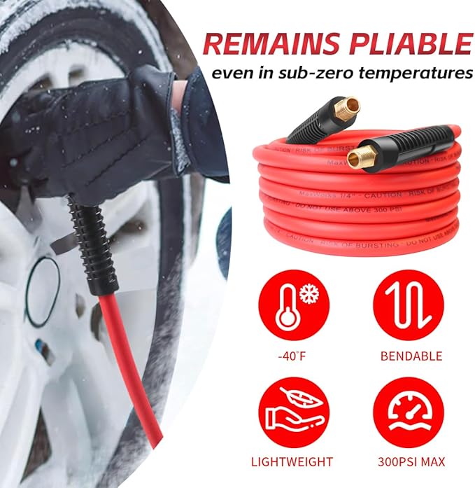 MaxWorks 80784 1/4" x 25ft Hybrid Polymer Air Hose – 300 PSI Maximum Working Pressure, All-Weather Flexibility, Lightweight, Non-Kinking, No-Memory Hose with Solid Brass Fittings