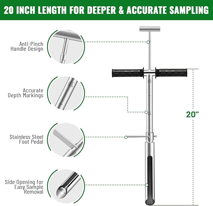 20 Inch Soil Sampler Probe, Stainless Steel Soil Core Sampling Tool with T-Handle, Heavy Duty Soil Probe for Lawn, Garden, Farm & Soil Testing