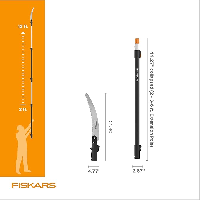 Fiskars XtendControl 12' Tree Pruner with 15" X1 Triple-Grind Saw, Two 3-6 Ft Extension Poles for Overhead Branch Trimming, Lightweight Aluminum Pole Saw with Secure Double-Locking System, Orange