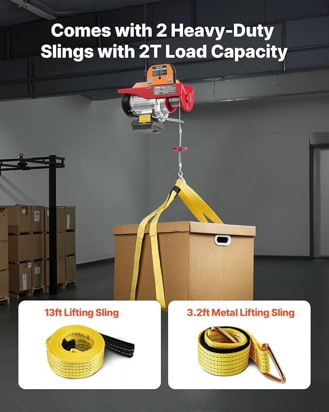 VEVOR Electric Hoist, 1320 lbs 120V Electric Winch with 328 ft Wireless & 14 ft Wired Remote Control, 40 ft Single Cable Lifting Height, Single/Double Slings, Lift Hoist for Garage Warehouse Factory