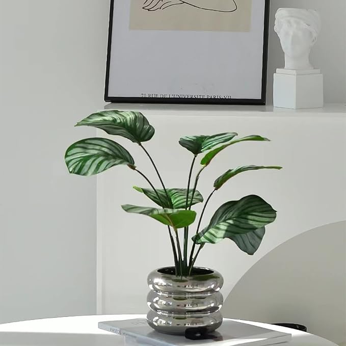 Ceramic Plant Pot Indoor, 4.5 Inch Flower Pot with Drainage Hole, Small Bubble Design Ceramic Planter for Home & Office Decor (Silver)