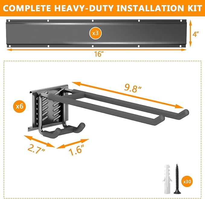 48 Inch Garage Tool Organizer Wall Mount - Heavy Duty 480 lbs Capacity Tool Rack with 6 Adjustable Hooks, Wall Mounted Storage System for Garage, Shed, Workshop (Black)