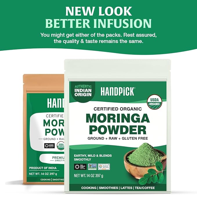 HANDPICK USDA Organic Moringa Powder (397g/14oz) Pure Moringa Oleifera Leaf Powder | Authentic Indian Origin | Gluten Free, Non-GMO | Perfect for Smoothies, Drinks, Tea & Recipes