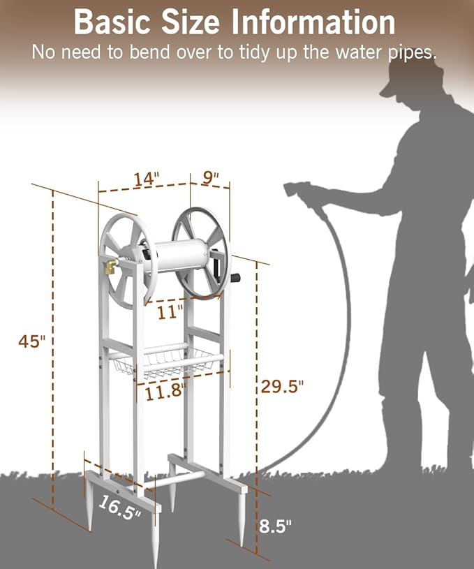 Garbuildman Ground Mount Garden Hose Reel Holds 125 Feet of 5/8-Inch with 3.9 ft Leader Hose, Brass Fitting, Water Hose Holder Stand with Storage Rack & 4 Spikes Base for Outdoor Lawn, White