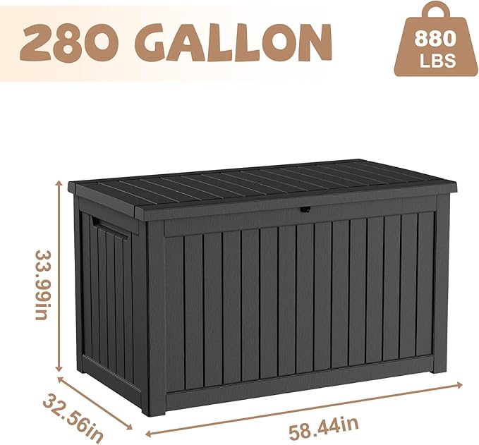 280 Gallon Outdoor Storage Deck Box Waterproof Resin Lockable Outside Bench Porch Patio Furniture Pool Float Garden Tool Cushion UV Resistant Bin Black