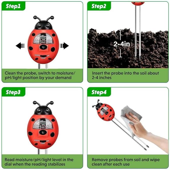 Ladybug Shape 3-in-1 Soil Moisture/pH/Light Meter, Soil Moisture Meter, Soil Test kit, Soil Tester with Moisture,Light,and pH Test for Indoor & Outdoor Use for House Plants, Garden, Lawn, Farm