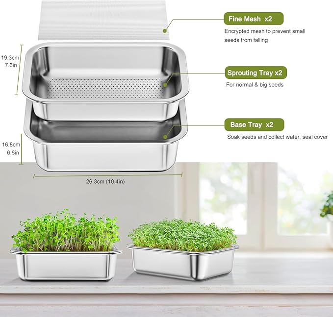 FANHAO 2-Pack Sprouting Tray Kit, Stainless Steel Soil-Free Cultivation Germination Tray, Healthy Wheatgrass Grower Sprouting Container Kit Nursery Tray for Indoors Plant Seedling