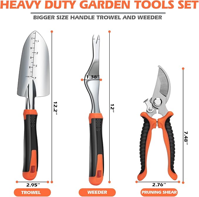 Garden Tools Set, Updated 3 PCS Heavy Duty Gardening Kit - Hand Shovel/Trowel, Manual Weeder and Sharp Bypass Pruning Shears/Scissors/Clippers with Bigger Ergonomic Handle, Ideal Gift