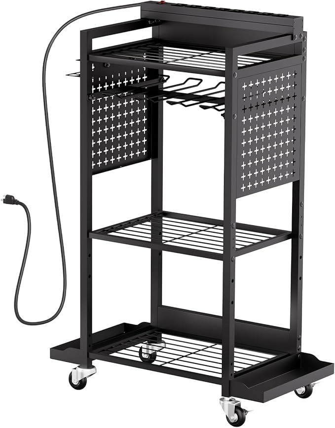 VEVOR 4-Tier Tool Organizer Cart with Charging Station, 8 AC Outlet, Floor Stand Rolling Drill Holder and Tool Battery Storage Rack on Wheels, Garage Floor Rolling Storage Cart for Workshop, Garage