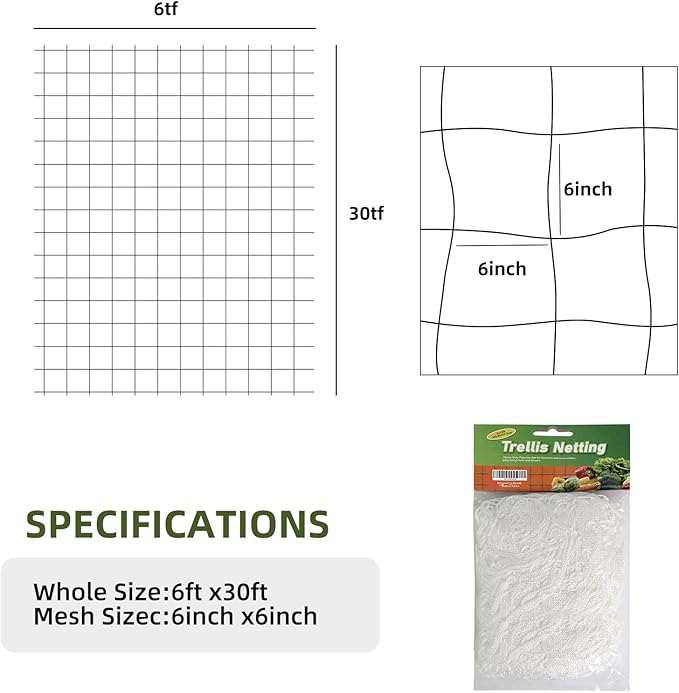 Trellis Netting, PDGROW Garden Plant Trellis Netting, 6 x 30 ft Heavy Duty Garden Trellis Netting, Outdoor Grow Net for Vines, Fruits, Vegetables, Grapes, Beans,Peas, 1 Pack
