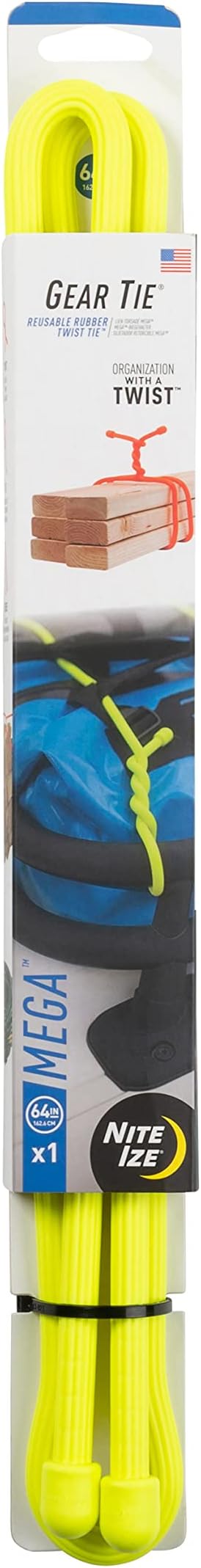 Nite Ize, Inc. GTM64-33-R6 Nite IZE Gear, Original Reusable Rubber Mega-Sized, 2X Bigger + Stronger for Heavy Duty Projects, 64 Inch, Black, Made in The USA Twist Tie, 64", Neon Yellow