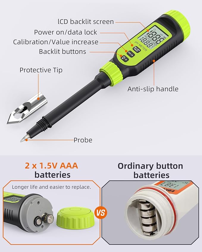 Soil pH Meter, Tadeto Digital Soil Tester with Sensitive Probe and LCD, Zinc Alloy Protective Tip Soil pH Test Kit for Garden, Gardening, Lawns, Plant, Water and Food (Includes Battery x2)