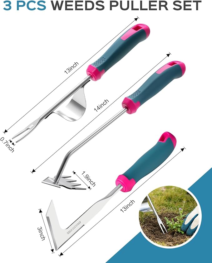 2026 Upgraded Weed Puller Tool Set, Stainless Steel Garden Weed Pullers & Hand Weeder Tool for Cracks, Crevices & Driveways, Ergonomic Non-Slip Handle Weed Remover & Crack Weeder Tool Kit