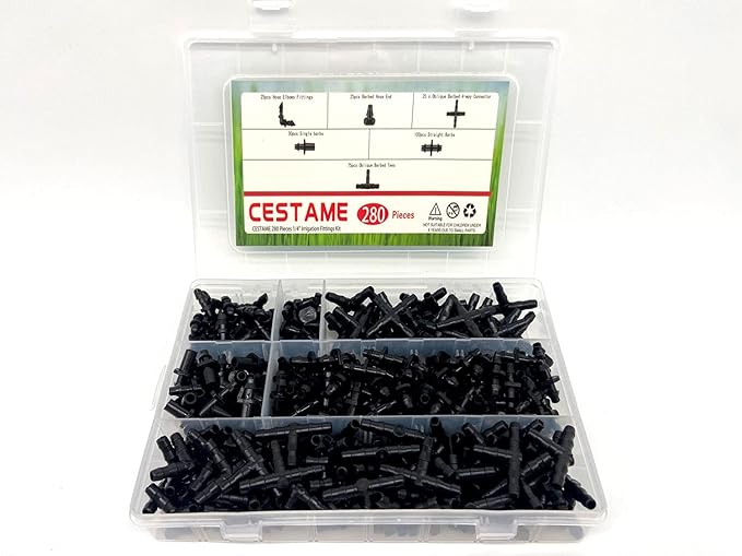 280 Pcs Barbed Connectors Irrigation Fittings Kit,Drip Irrigation Barbed Connectors 1/4''Tubing Fittings Kit for Flower Pot Garden Lawn(Straight Barbs,Single Barbs,Tees,Elbows,End Plug,4-Way Coupling)